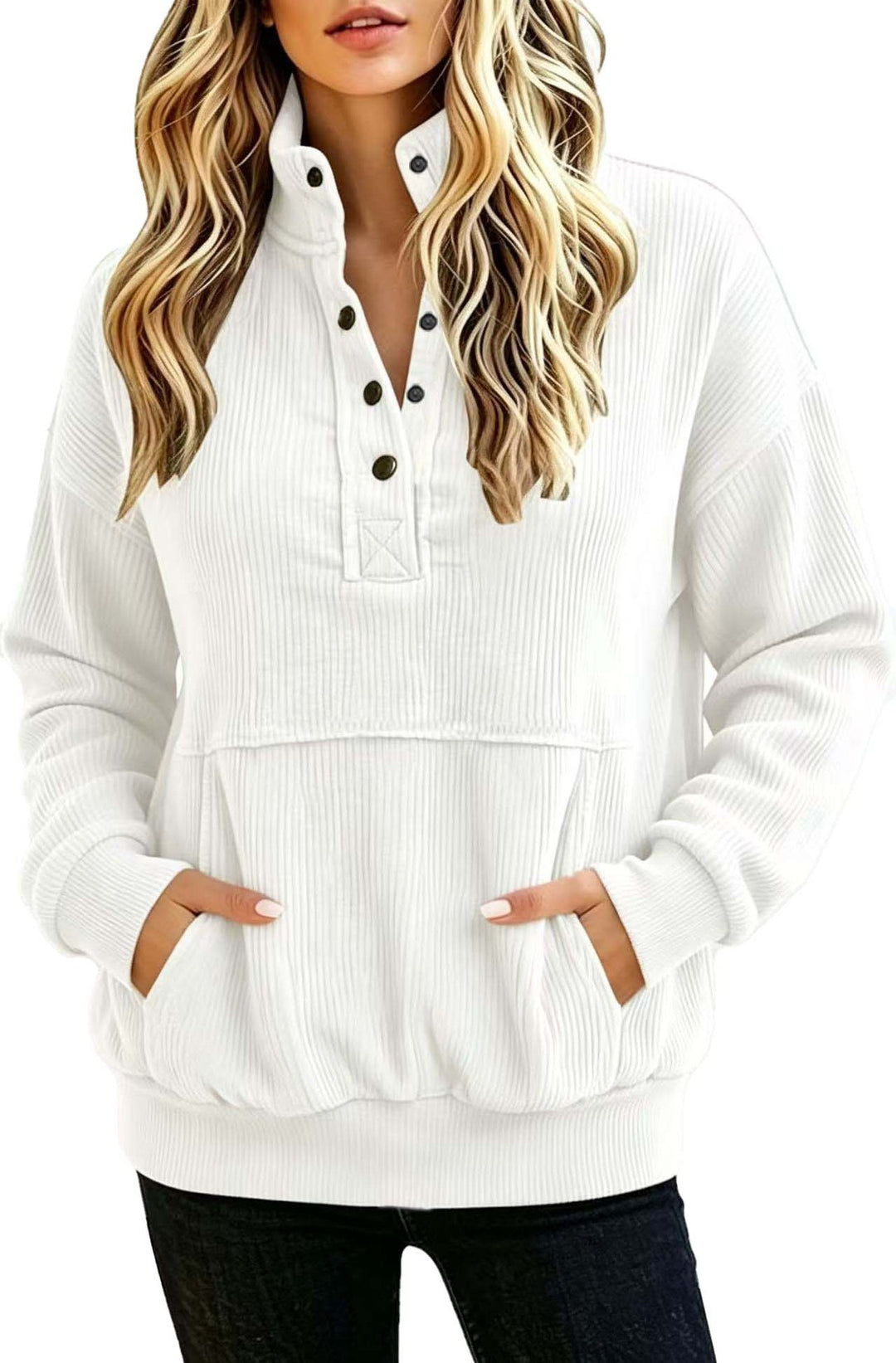 Damen gerippter Henley-Pullover mit Stehkragen und Kängurutasche Drune