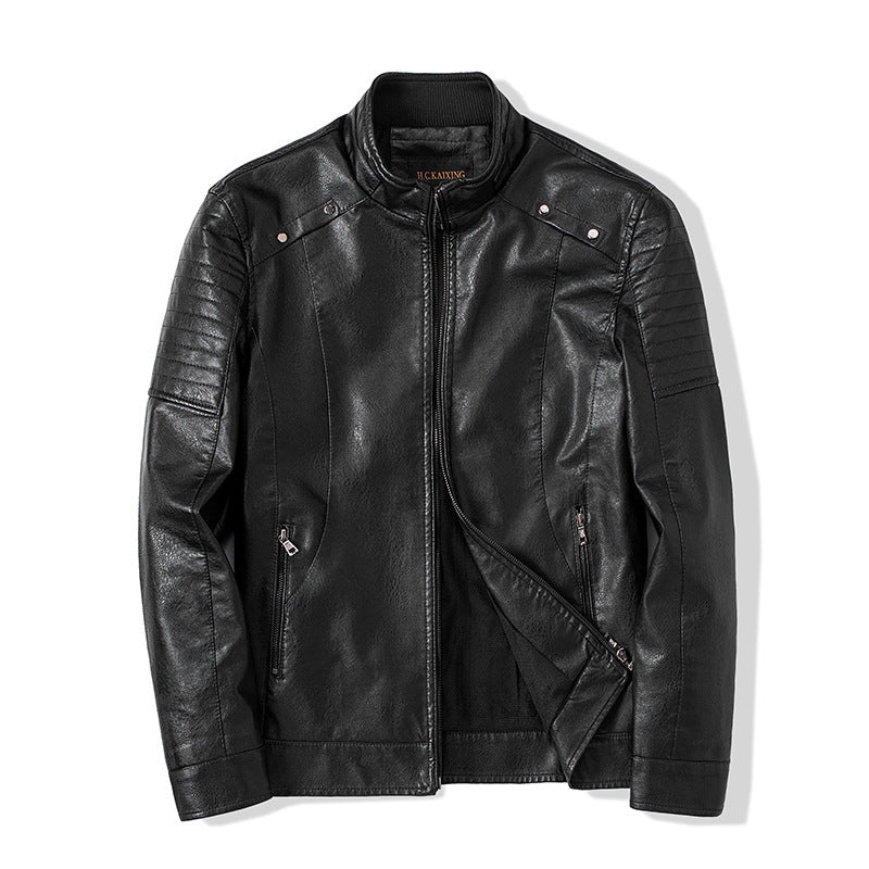 Herren Slim-Fit Kunstleder-Bikerjacke mit Stehkragen und Reißverschlusstaschen Drune