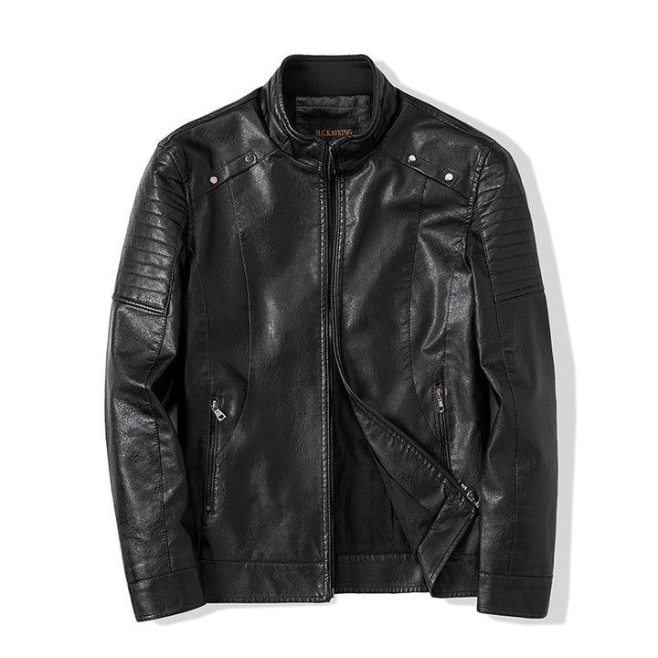 Herren Slim-Fit Kunstleder-Bikerjacke mit Stehkragen und Reißverschlusstaschen Drune