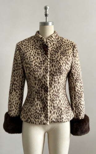 Damen Taillierte Kurzjacke mit Leopardenmuster und Kunstpelzmanschetten Drune