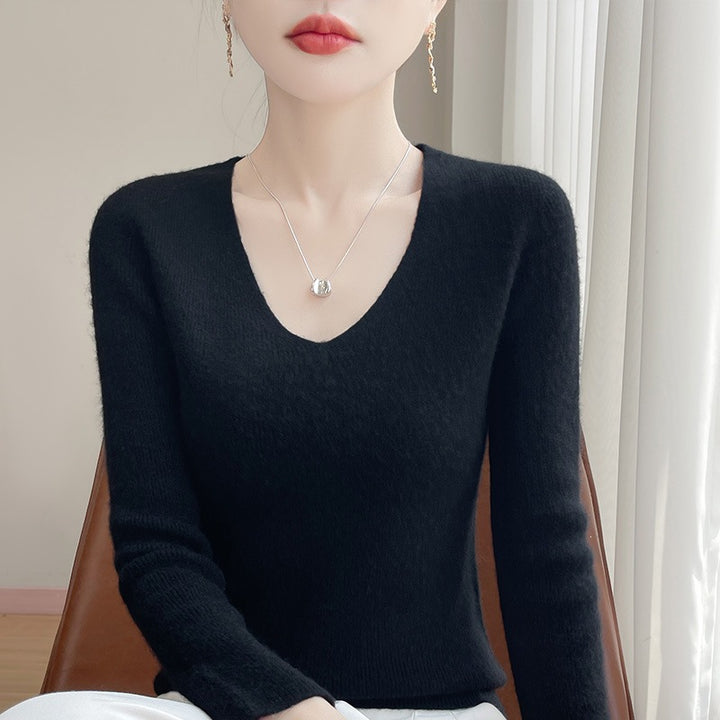 Damen Schmal geschnittener V‑Ausschnitt-Feinstrickpullover mit feiner Rippenstruktur und weicher Haptik Drune