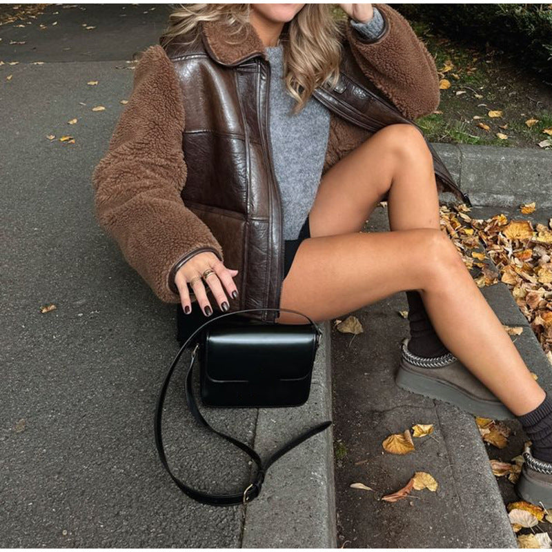 Damen Kunstfell-Lederjacke im eleganten Oversized-Stil Drune