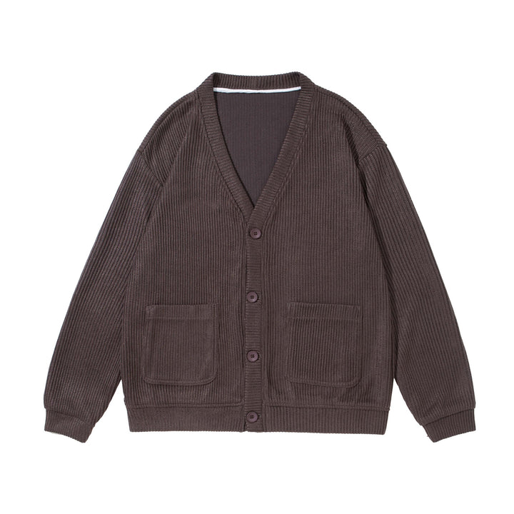 Unisex Strukturiertes Knopf-Cardigan mit V-Ausschnitt und aufgesetzten Taschen Drune