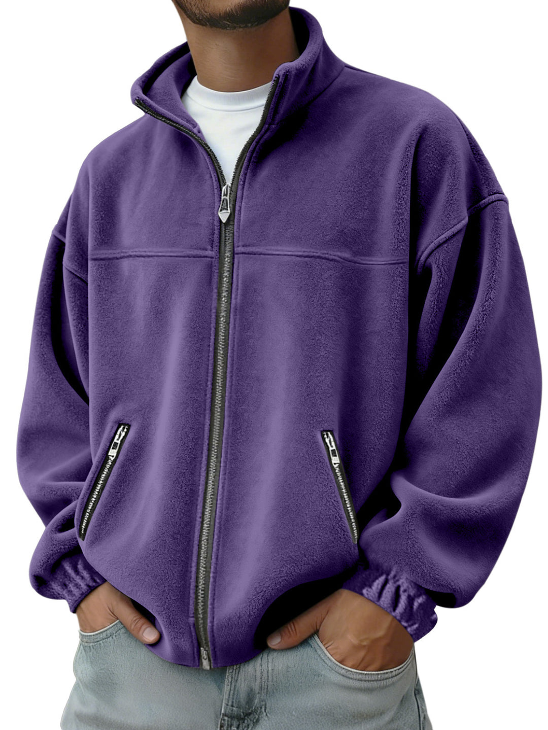 Herren Oversize Fleecejacke mit Stehkragen, durchgehendem Reißverschluss und Reißverschlusstaschen EB
