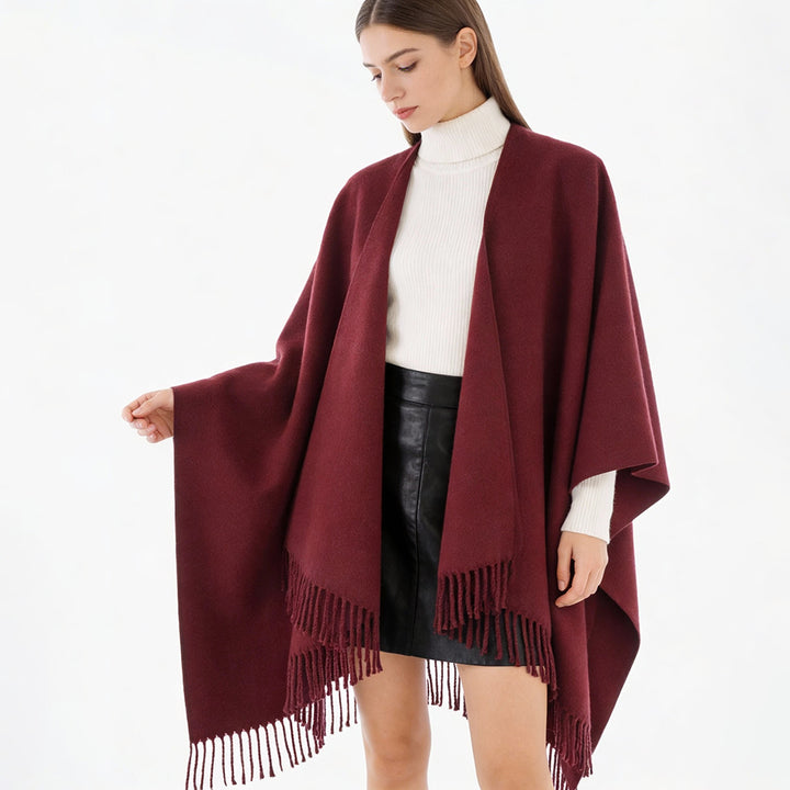 Damen Minimalistischer Wickel‑Capeponcho aus Wollmix mit V‑Ausschnitt und zartem Fransensaum Drune