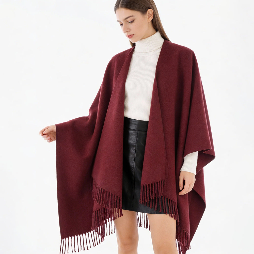 Damen Reversloser Oversize-Capeponcho mit V‑Ausschnitt, Wollmix und Fransensaum Drune