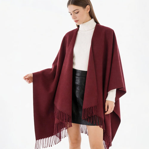 Damen Reversloser Oversize-Capeponcho mit V‑Ausschnitt, Wollmix und Fransensaum Drune