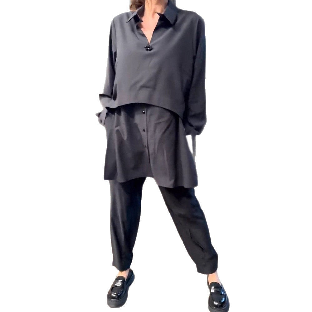 Damen nan urbanes Lagenhemd-Set mit überlappendem Kurzüberwurf und konisch geschnittener Bundfaltenhose Drune