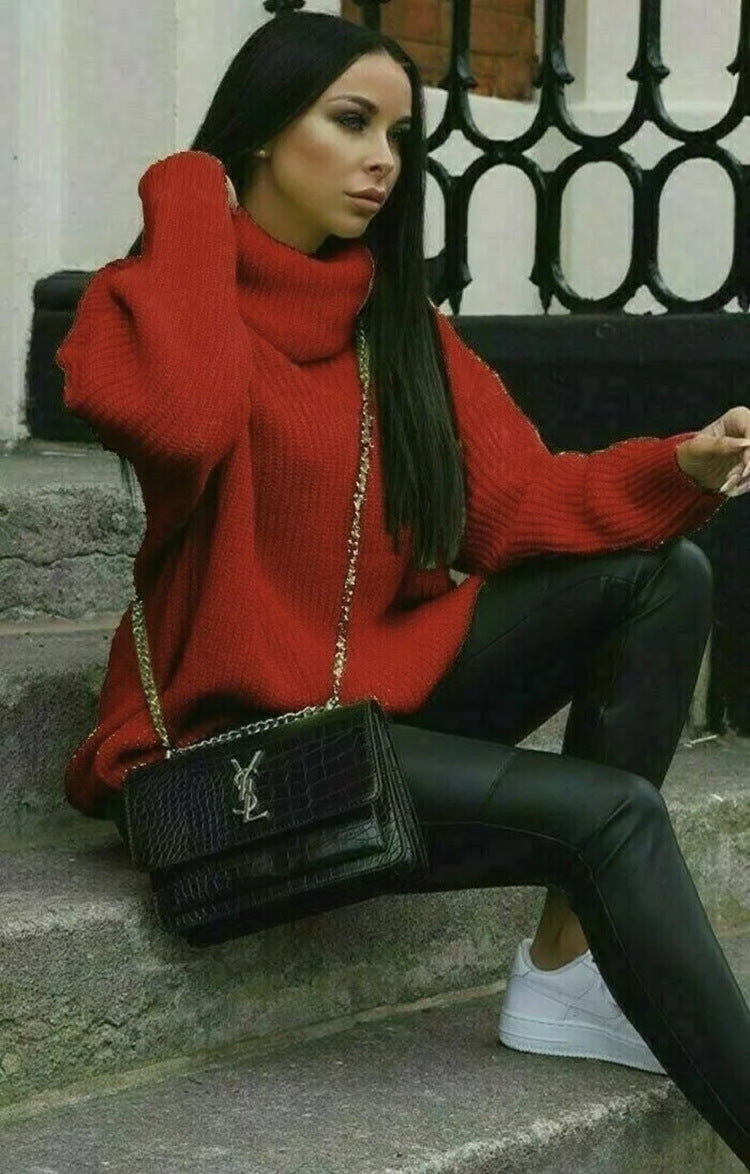 Damen Oversized Pulli mit hohem Kragen und Struktur Drune