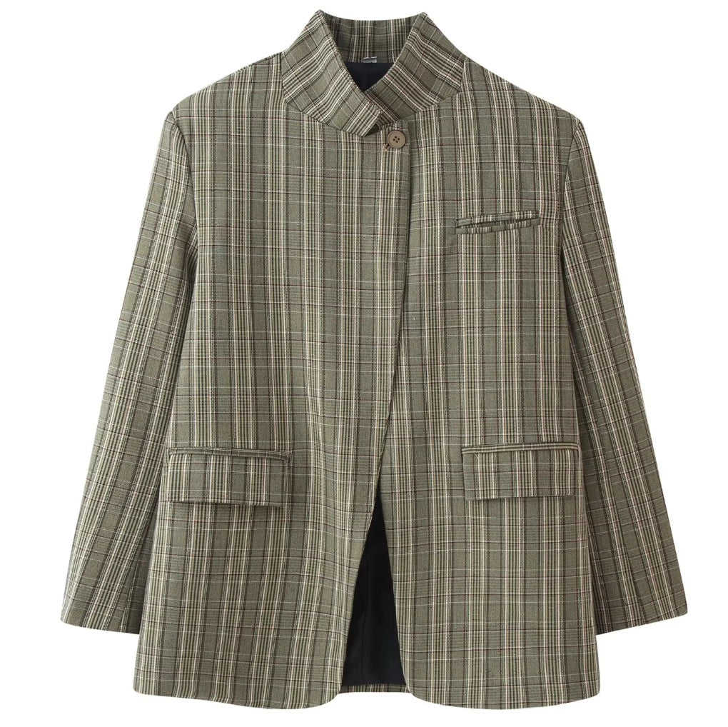 Damen 100+ Cropped Karoblazer mit Stehkragen, verdeckter Knopfleiste und Pattentaschen Drune