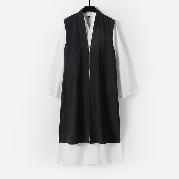 Damen Langer ärmelloser Kimono-Weste mit minimalistischer Linienführung und dekorativem Knebelverschluss Drune