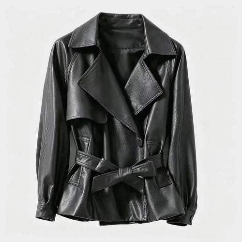 Damen nan taillierter Trenchcoat aus veganem Lederimitat mit weitem Revers und Bindegürtel Drune