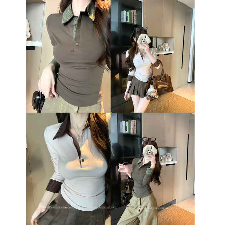 Damen Langarm-Polohemd mit stylischem Kragen und Knopfdetails Drune