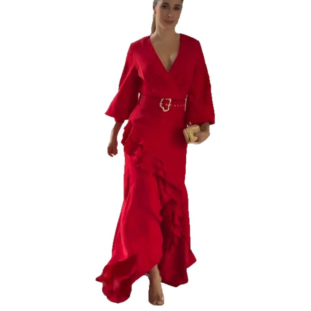 Damen Elegantes Wickel-Maxikleid mit Volants, tailliertem Gürtel & weitem Glockenärmel Drune