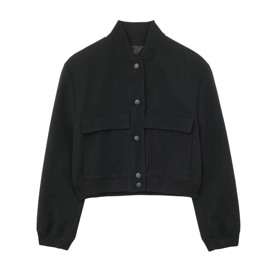 Damen Boxy-Cropped-Jacke im Worker-Look mit Pattentaschen und Rippkragen Drune