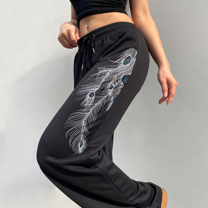 Damen nan weite Loungehose mit Kordelzug, hohem Komfortbund und Pfauenfeder-Print Drune