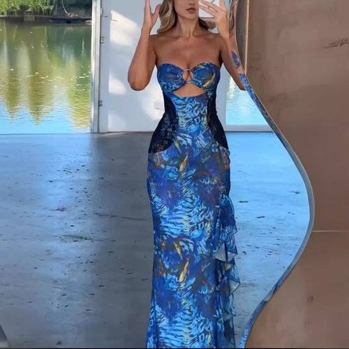 Damen Exquisites Maxikleid mit raffiniertem Cut-Out und elegantem Rüschendesign Drune