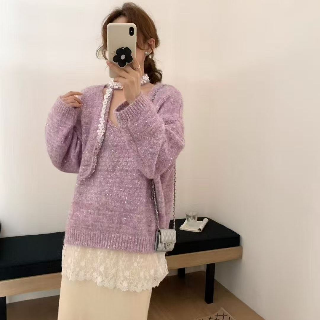 Damen gemütlicher Strickpullover mit elegantem Spitzenunterteil Drune