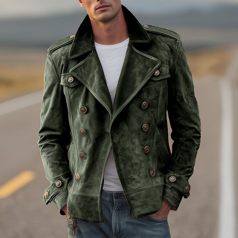 Herren Doppelreihige Wildlederjacke im Aviator‑Stil mit Epauletten Drune