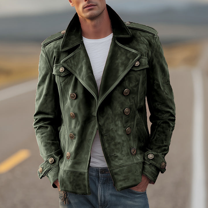 Herren Doppelreihige Wildlederjacke im Aviator‑Stil mit Epauletten Drune