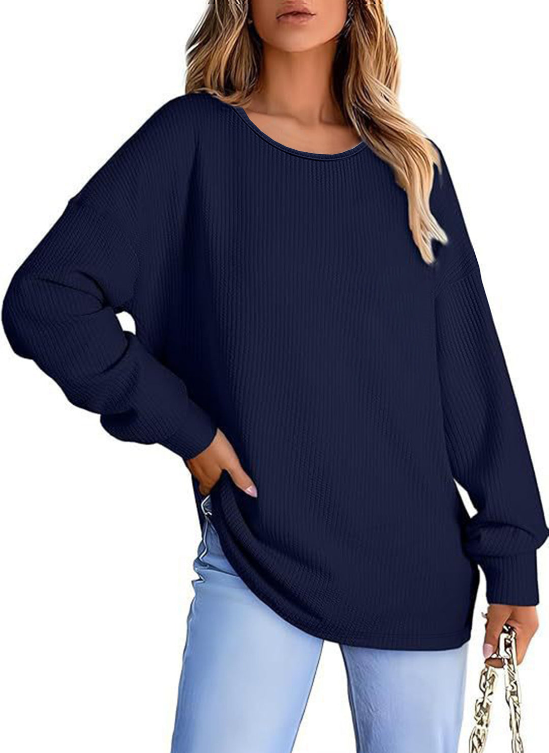 Damen Oversize Waffelstrickpullover mit Rundhals, Ballonärmeln und verlängertem Saum Drune