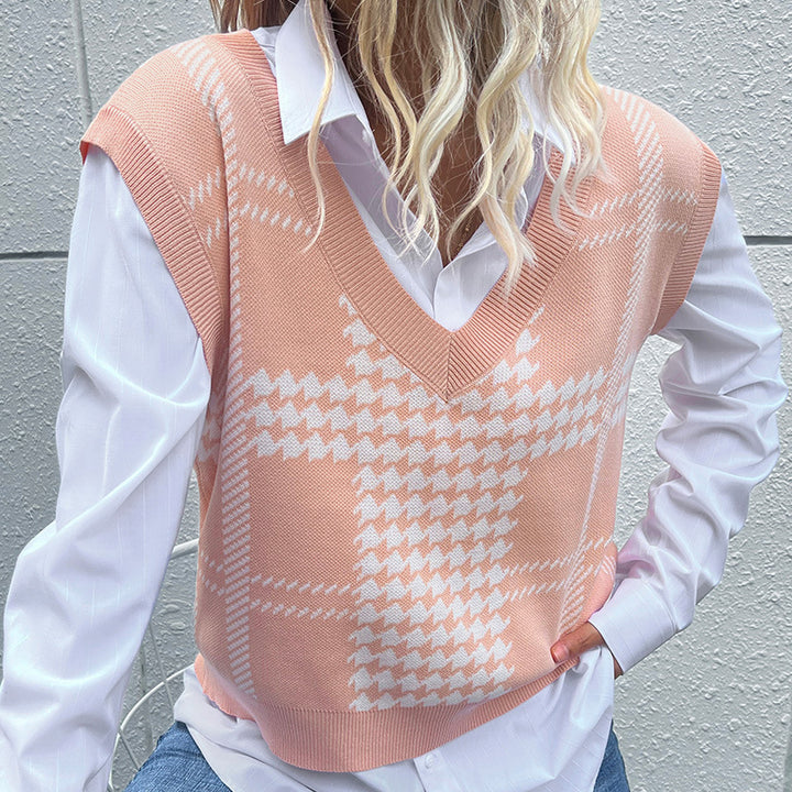 Damen Oversize-Strickweste mit V-Ausschnitt und Hahnentritt-Muster Drune