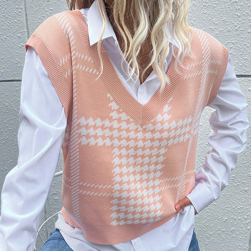 Damen Oversize-Strickweste mit V-Ausschnitt und Hahnentritt-Muster Drune
