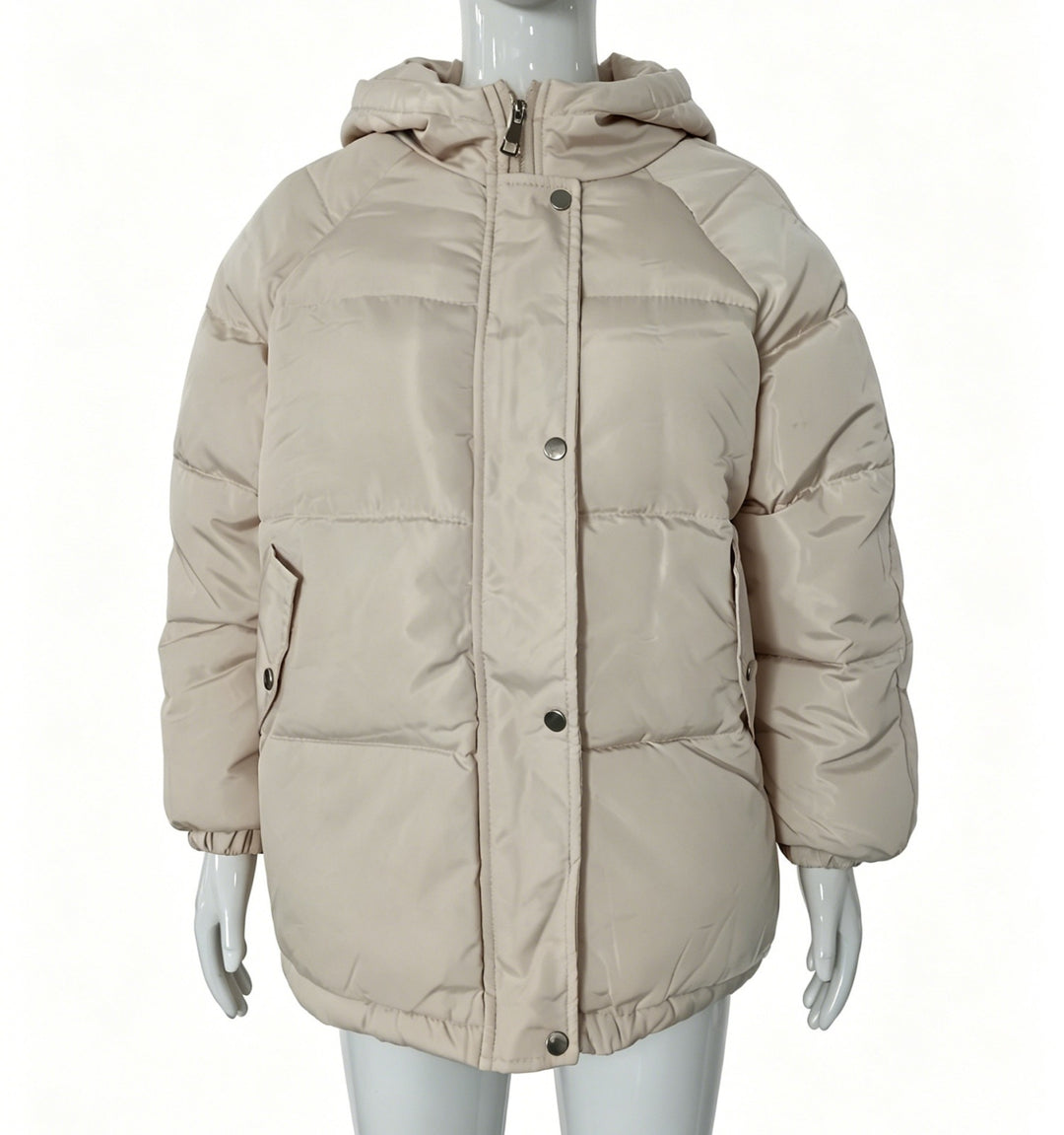 Damen Oversize-Steppmantel mit Kapuze, Druckknopfleiste und elastischem Saum Drune