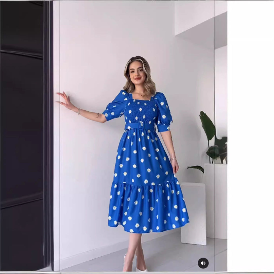Drune | Bedrucktes, taillenbetontes U-Ausschnitt Elegantes Kleid