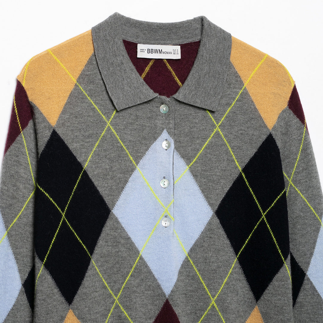 Damen Strickpoloshirt mit Rautenmuster und Knopfleiste Drune