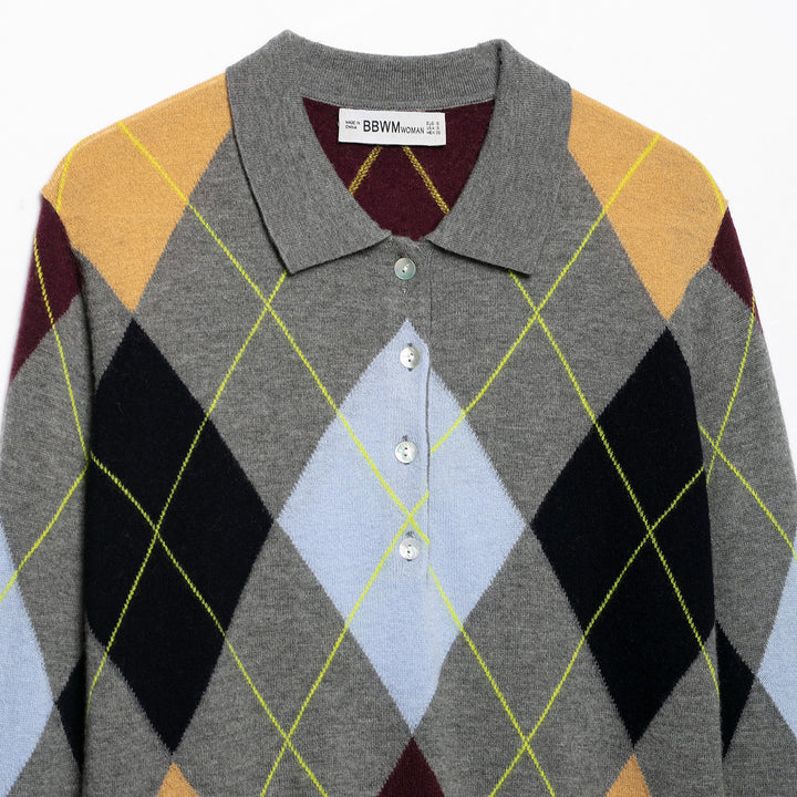 Damen Strickpoloshirt mit Rautenmuster und Knopfleiste Drune