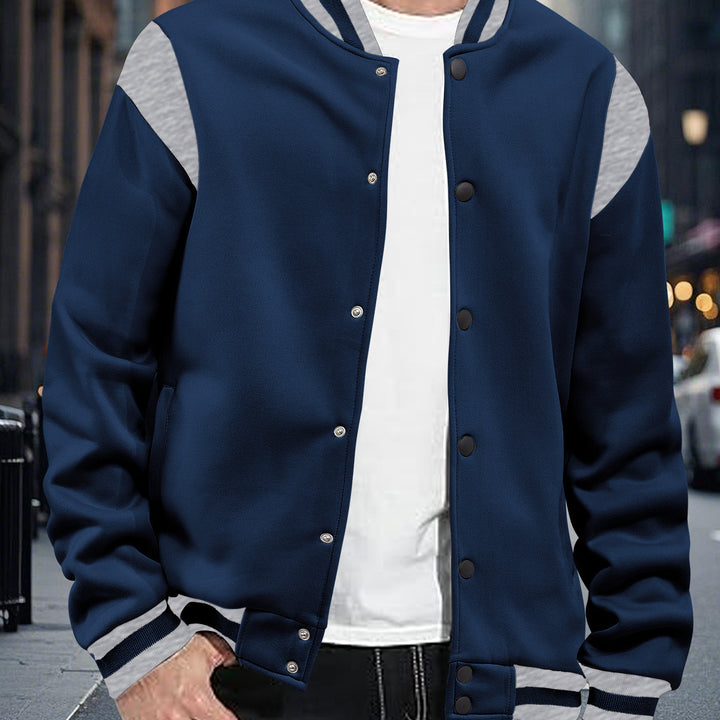 Herren nan legere Baseballjacke in Sweatqualität mit Druckknopfleiste geripptem Kragen und kontrastierendem Schulterbesatz Drune
