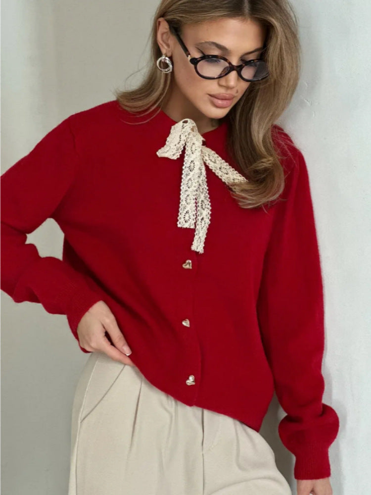 Damen Eleganter Cardigan mit Spitzenelementen Drune