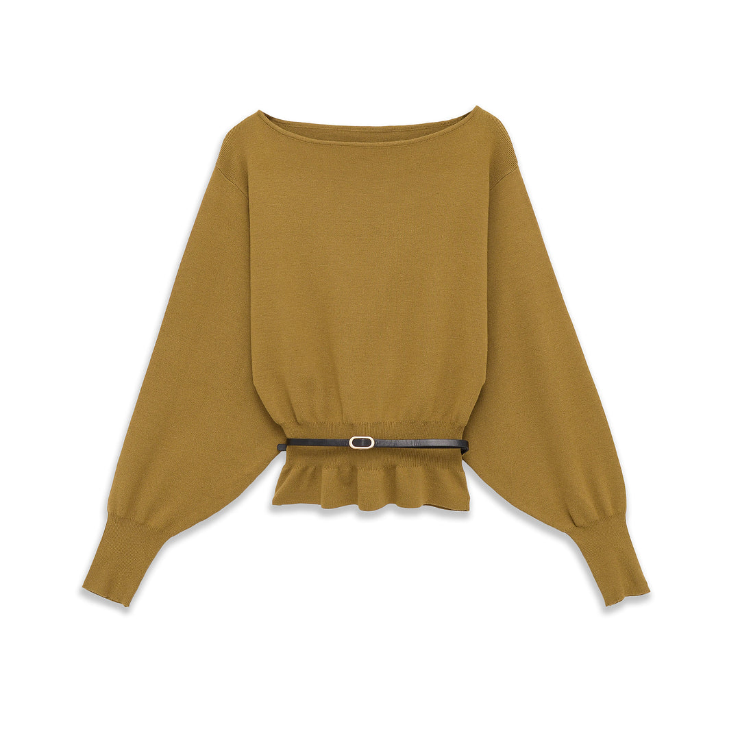 Damen nan Fledermaus-Pullover mit weitem Ärmel, gerafftem Taillenbund und schmalem Gürtel Drune