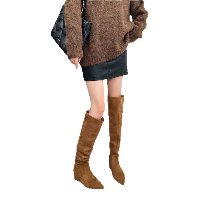 Damen kniehohe Slouch-Stiefel aus Veloursleder mit spitzer Zehenpartie Drune