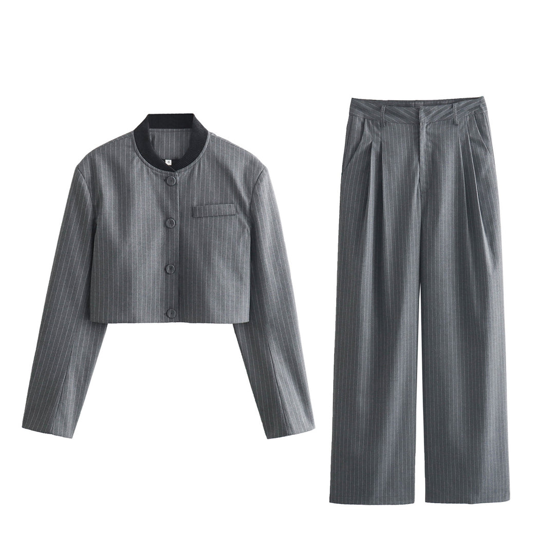 Damen Zweiteiliges Nadelstreifen-Anzug-Set mit kurzem Stehkragen-Blazer und weiten Bundfaltenhose Drune