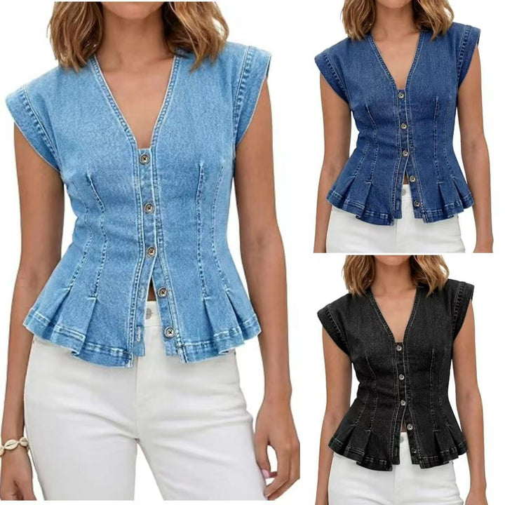 Damen Tailliertes Jeans-Top mit Schößchen und Knopfleiste Drune