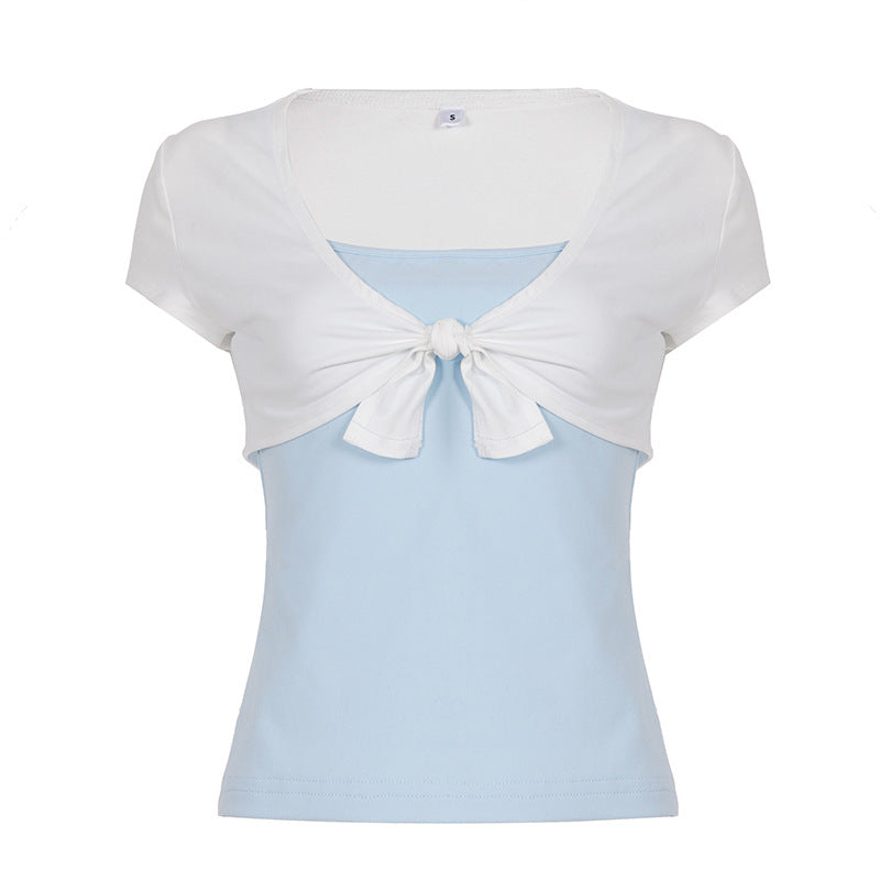 Damen lässiges Crop-Top mit verspieltem Knoten-Design und Spaghetti-Trägern Drune
