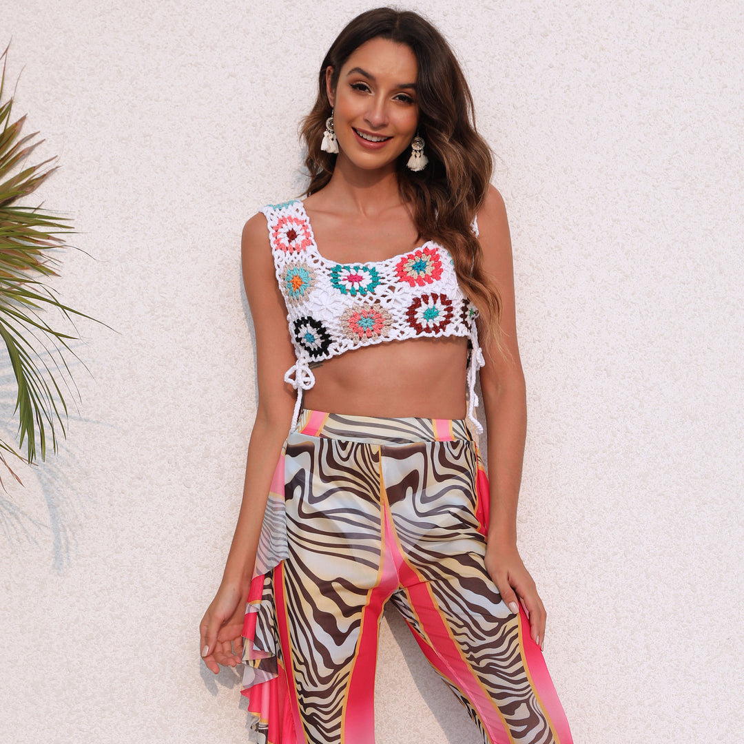 Damen gehäkeltes Crop-Top mit bunten Blumenmotiven Drune