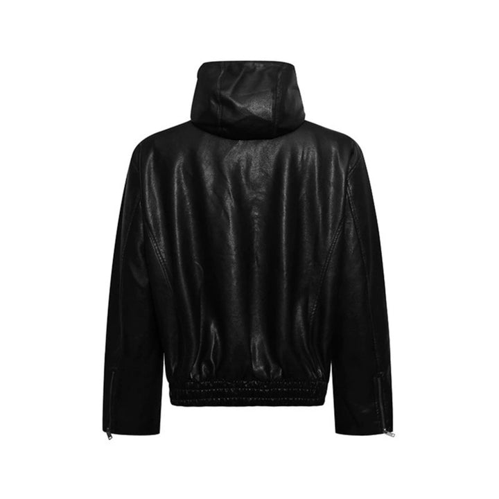 Herren Kapuzen-Lederjacke im Utility-Stil mit Reißverschluss und Kängurutasche Drune
