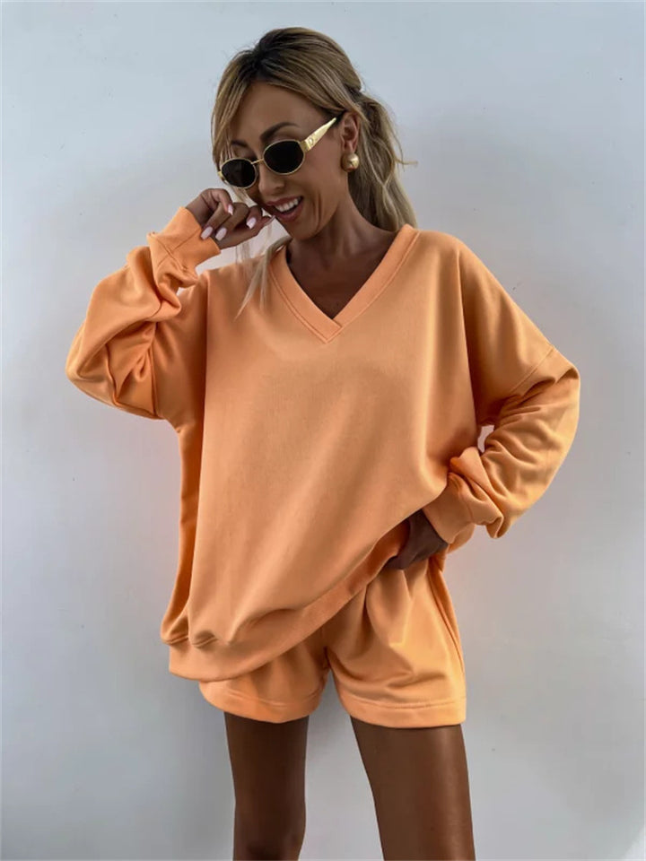 Damen lässiges Streifen-Loungewear-Set mit weit geschnittenem Oberteil und Shorts Drune