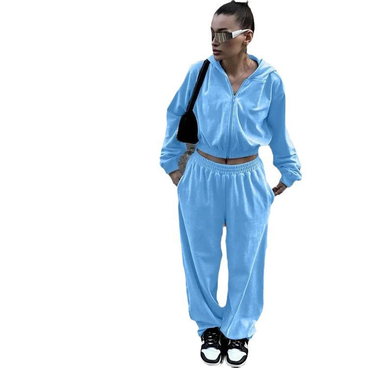 Damen samtiges Lounge-Set mit kurzem Zip-Hoodie, elastischem Rippbund und weitem High-Waist Palazzo-Hose Drune