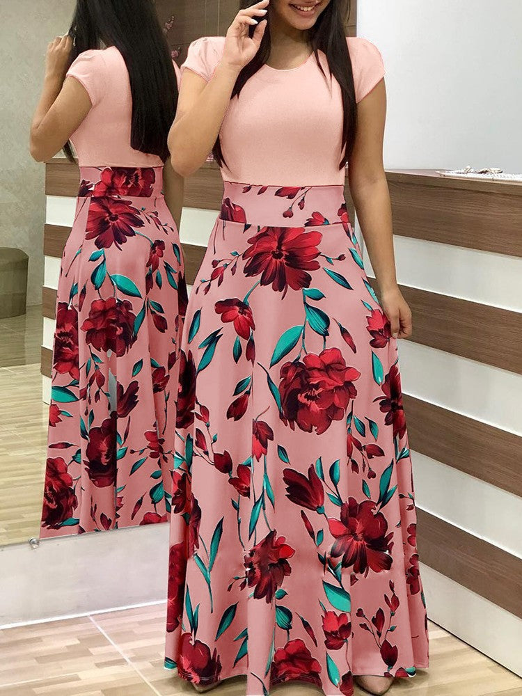 Damen Zweiteilig wirkendes Maxikleid mit figurbetontem Jersey-Oberteil und weitem Blumenrock Drune