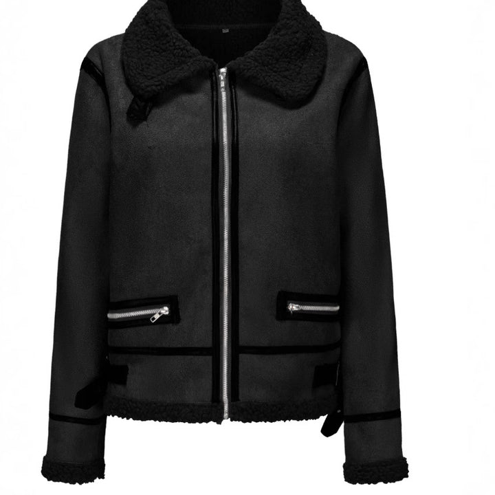 Damen Kurz geschnittene Aviator Lammfell‑Imitatjacke mit Teddyfutter und Kunstlederbesatz Drune