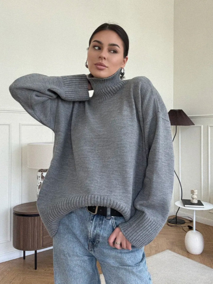 Damen Modischer Oversized Pullover mit hohem Kragen Drune