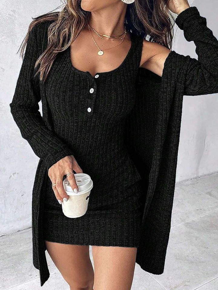 Damen Geripptes Twinset aus figurbetontem Träger-Strickkleid und Offenem Longcardigan Drune