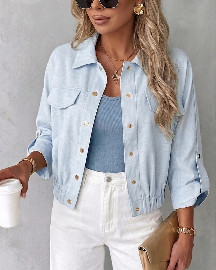 Damen Leichte Chambray-Boxy-Jacke mit Gummibund, Druckknöpfen und aufgesetzten Brusttaschen Drune