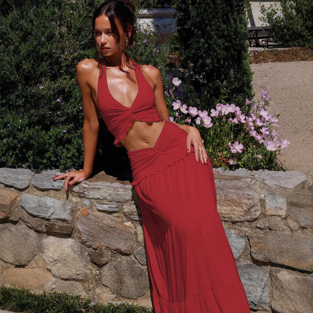 Damen Zweiteiliges Sommerkleid mit raffiniertem Oberteil und fließendem Rock Drune