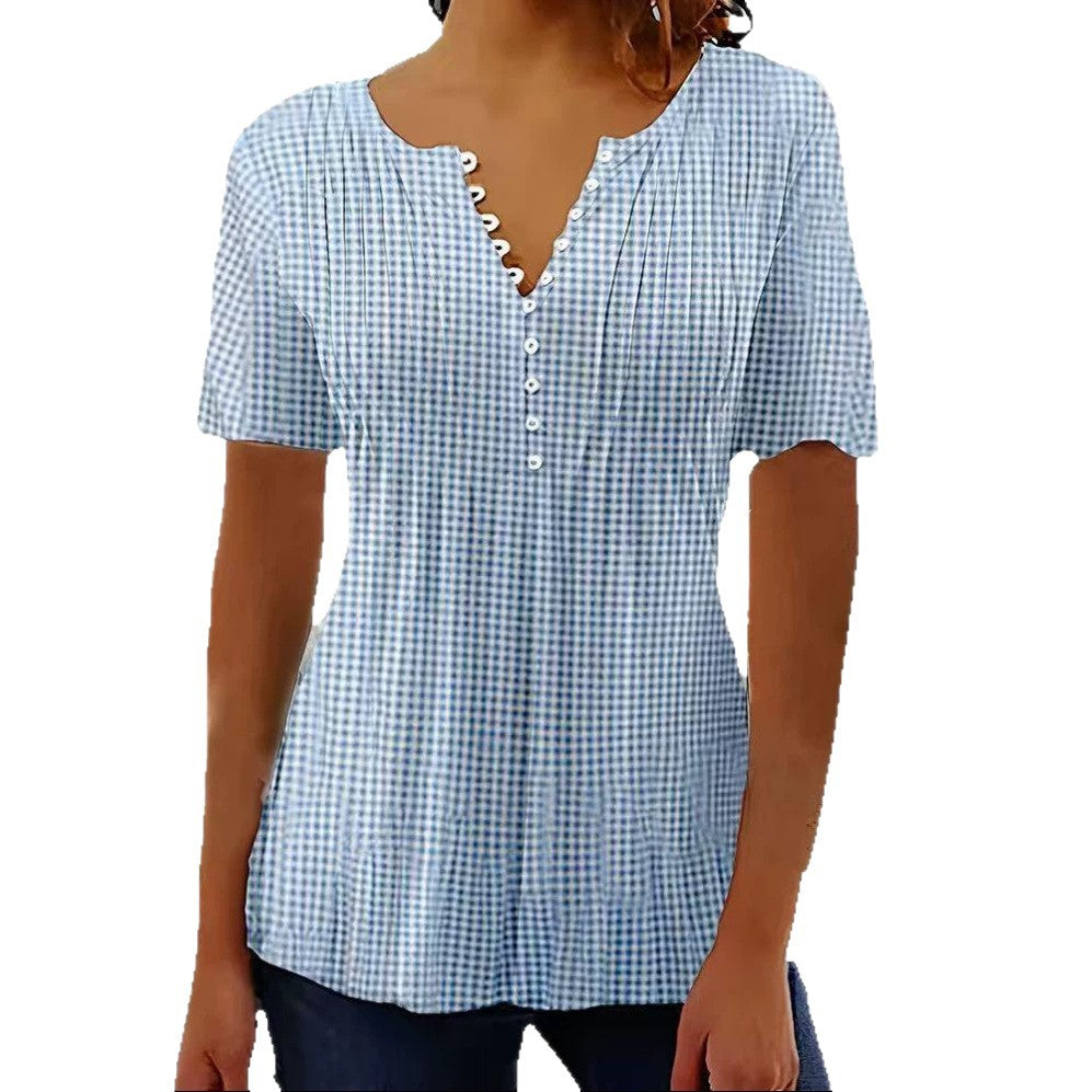 Damen nan leichte Karobluse mit V-Ausschnitt, Zierknopfleiste und Stufenvolant Drune
