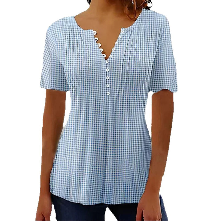 Damen nan leichte Karobluse mit V-Ausschnitt, Zierknopfleiste und Stufenvolant Drune